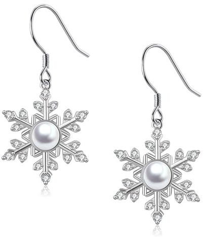 Lynizo Ohrringe Weihnachten, 925 Sterling Silber Schneeflocken Ohrhänger | Silber Haken Hängeohrringe mit Zikonia Perlen, Mode Hypoallergen Weihnachtsohrringe, Mode Hängend Ohrringe Weihnachtsschmuck