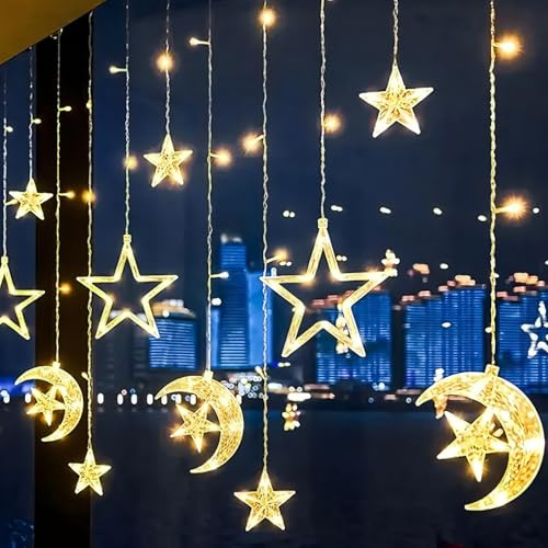Ramadan Decorations Led Lights,3.5M/11.5Ft Eid Fairy Lights Battery Operated Star&Moon Indoor Outdoor Ramadan Mubarak Decor String Light for Windows Curtain Bedroom Party Garden Supplies (Warm White)