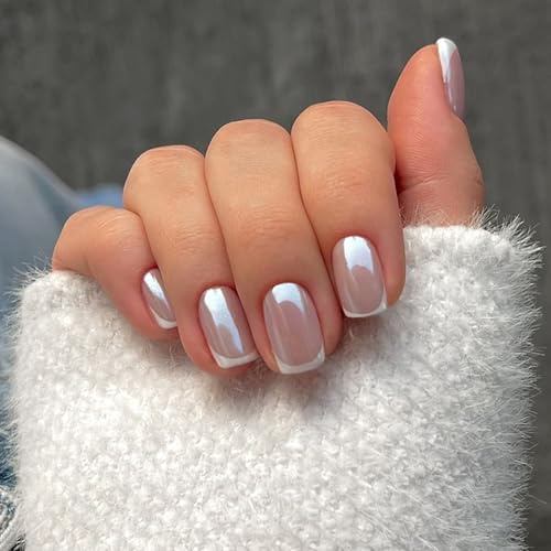 Zosutetoxo Falsenails, 24Pcs adhesive nails square white french, short artificial nails glue-on glossy