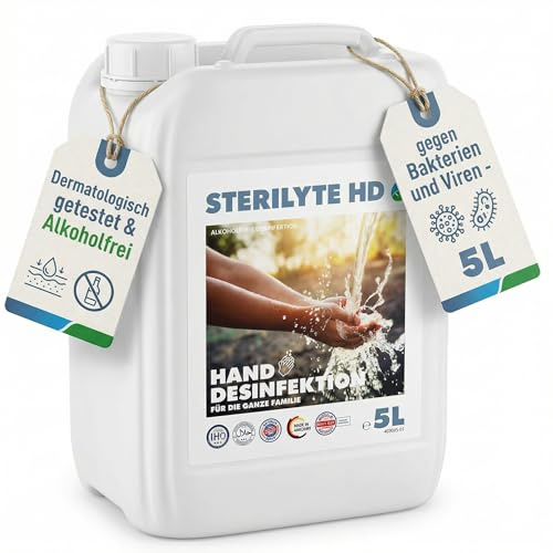 STERILYTE HD – 5L alkoholfreies Desinfektionsmittel für Hände mit Aloe Vera - Wirksam gegen Bakterien & Viren - Hautschonendes Händedesinfektionsmittel – dermatologisch getestet, EN 1500 & EN 1499