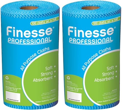 Finesse Professional All Purpose Cloths, Roll of 100 | Soft, Strong and Absorbent | Blue (Pack of 2)