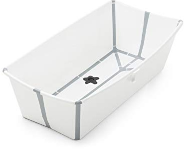 Stokke Flexi Bath Tragbare Babybadewanne mit wärmeempfindlichem Stöpsel, Weiß Grau
