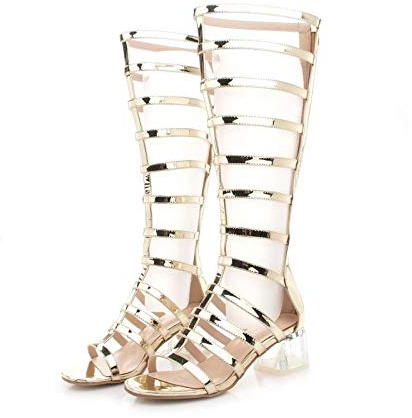 Sandali da Donna Gladiatore Chiaro Blocco Sandali A Tacco Basso Stivali con Cerniera Glitter Strappy Peep Toe Scarpe Moda Estiva Sandalo Scarpe,d'oro,35EU