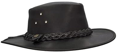 WALKER AND HAWKES - Premium Brown Full Grain Cowhide Leather Outback Braided Traveller Hat for Men and Women - Black - Small (57cm)
