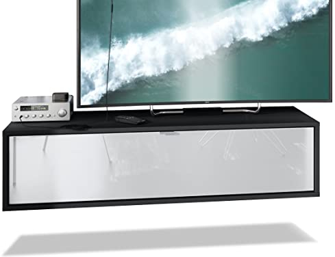 Vladon TV Board Lana 120 Hängeschrank Lowboard 120 x 29 x 37 cm, Made in Germany, Korpus in Schwarz matt, Fronten in Weiß Hochglanz | Große Farbauswahl