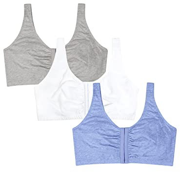 Fruit of the Loom Damen Front Closure Cotton Bra, 3-Pack Sport-BH, Undurchsichtige, Blue Gem Heather/Weiß/Grau, 3er-Pack, 110