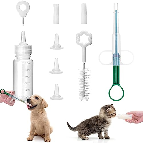 Nobleza 9 PCS Puppy Feeding Kit Pet Whelping Kit Pet Feeding Nipple Bottle Pet Pill Plunger Popper Tablet Dispenser Shooter Pet Feeding Dispenser Tool Kitten Syringe Medicine Feeder for Newborn Pets