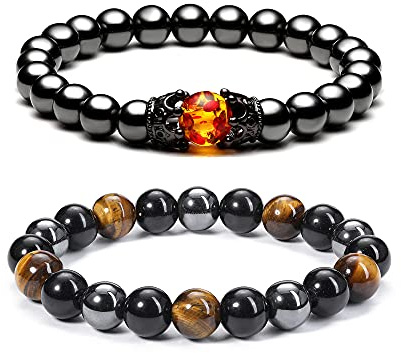 Jovivi 2 Pcs Hematite Black Obsidian Tiger Eye Stone Bracelets for Men Women 10mm Natural Round Gemstone Beads Beaded Healing Crystal Bracelet for Protection, Good Luck
