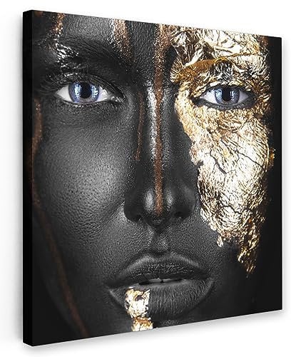 MuchoWow Leinwand Bilder, Einzigartige Wanddeko mit Rahmen, Frau - Blattgold - Schwarz - Gold - Luxus, Wandbilder Wohnzimmer, Deko Schlafzimmer 20x20 cm