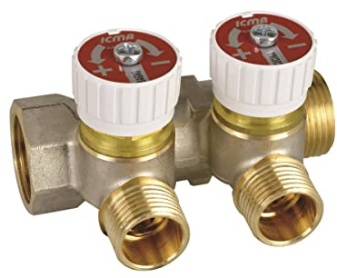 Messing Verteiler 2-Fach mit Absperrventil Sanitär 3/4 x 1/2 Wasser Heizung