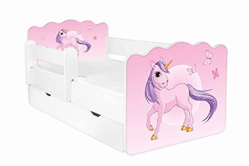 AS-TOR Kinderbett Jugendbett Alex 80x160cm mit Matratze, Schublade und Abnehmbarem Geländer - Bett Schlafzimmer Kindermöbel Kinderbetten für Mädchen Junge, Hochwertige Möbelplatte, Rosa Einhorn