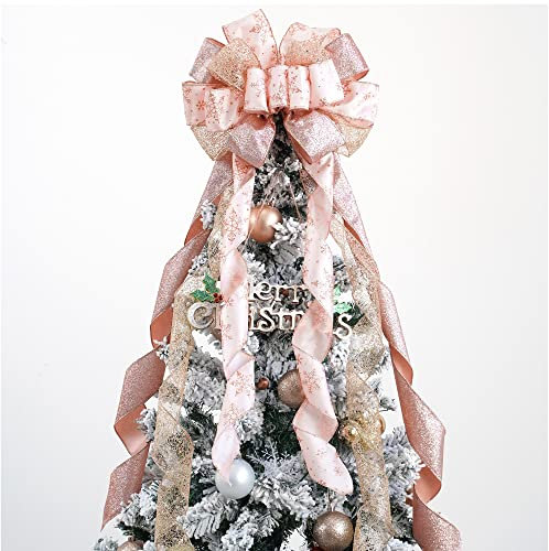 MEEDEE Rose Gold Christmas Tree Topper - 12 Wide Snowflake Ribbon Bow Glitter Topper (1 Pack)
