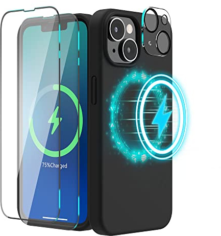 SURPHY Magnetic Silicone Case Designed for iPhone 14 Case, with 2 Pack Screen Protector + 1 Pack Camera Lens Protector, Liquid Silicone Compatible with MagSafe for iPhone 14 6.1 inch, Black