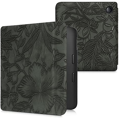 kwmobile Schutzhülle für Kobo Libra 2 Hülle - eReader Flip Case mit Auto Sleep Funktion - Blumen im grünen Relief mit Grün