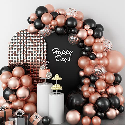 GREMAG Black and Rose Gold Balloon Arch, 107PCS Black Balloons Garland Kit with Pearl Metallic Confetti Rose Gold Various Size Balloons, for Baby Shower Birthday Graduation Party Wedding Decorations