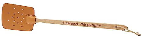 Neustanlo - Fliegenklatsche aus Holz und Leder - mit Spruch Ich mach Dich platt!!! - extra stark - mit Holzstiel und Lederband - 47,5 cm