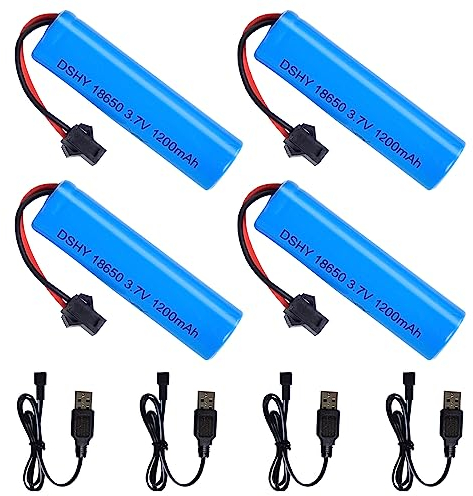 Gobesty 4 Stück 3 7 Volt Akku, 1200mah Li-Ion Akku 3,7v mit 4 SM-2P-Steckern und USB-Ladegerät RC Rechargeable für Rc Fahrzeuge, Boote, Panzer, Autos, Schiffe, Roboter