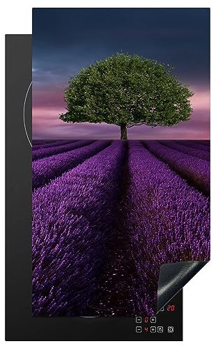 MuchoWow Herdabdeckplatte Ceranfeld Spritzschutz Küche Lavendel - Baum - Lila 30x52 cm Induktionsherd Abdeckung Induktionskochfeld Ceranfeldabdeckung