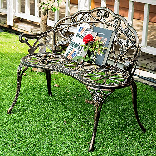 Gartenbank, Gartenstuhl, Parkbank, Bank aus Aluminiumguss, Außenbank für 2 Personen mit Rückenlehne, Gartenmöbel, Rosengartenbank, Terrasse, Stahlbank mit floralem Rosenakzent