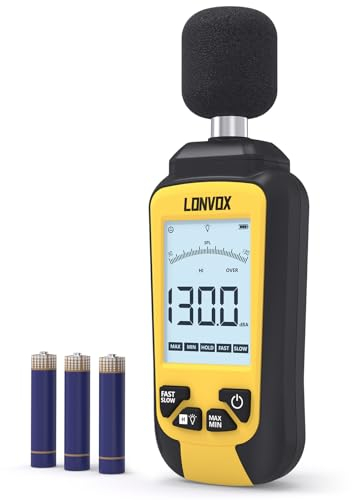 Fonometro, LONVOX Fonometro Professionale Portatile con 30 a 130 dBA Intervallo di Misurazione, LCD Retroilluminato da 2,45, Misura del Rumore MAX/MIN, SPL per Aule, Vicini Rumorosi, Uffici