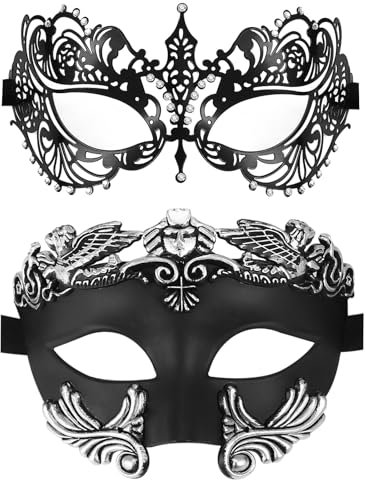 JewelryWe Venezianische Maskerade Maske Paar: 2 Stück sexy schwarz Strass Metallmaske Maskenball Maske Damen Herren Augenmaske Gesichtsmaske für Karneval Halloween Cosplay Party Kostüm