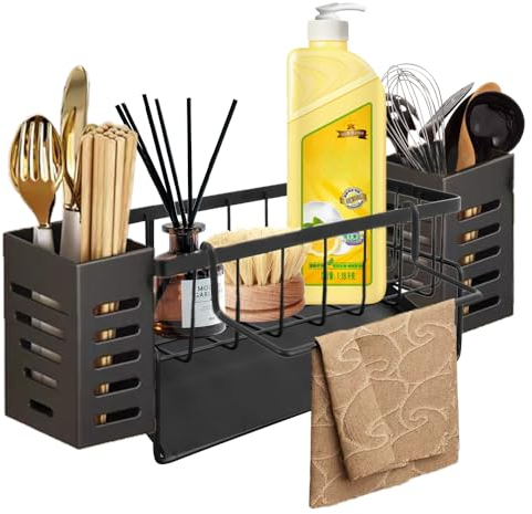 BonTiady spülbecken organizer, küchen organizer spüle, mit selbstablaufendem Ablagefach, mit Handtuchhalter und Aufbewahrungsbox für Spülbürsten, Organiser für Küche und Bad(schwarz)