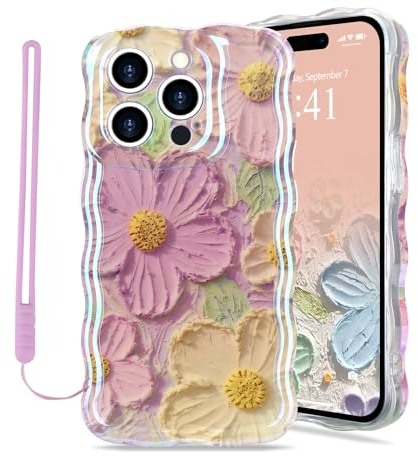 Micoden for iPhone 14 Pro Case Oil Retro Floral Print Curly Wave Silicone Case Aesthetic Fashion Flower Girls Women Phone Case with Strap for iPhone 14 Pro Purple