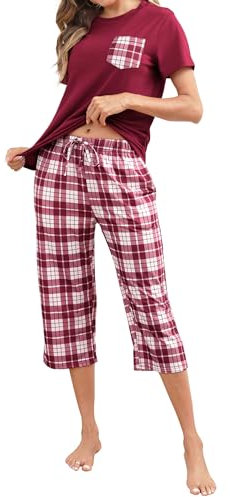 Mchodare Pyjama Femme en Coton pour l'Été Ensemble à Manches Courtes et 3/4 Pantalon avec Poches à Carreaux Vêtements d'intérieur 2 Pièces Confortables et Respirants
