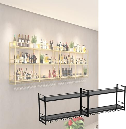 Portabottiglie da Parete Porta Bottiglie di Vino con Porta Calici e Luce LED Cantinetta Vino Porta Vini Portavino Angolo Bar Mobile Bar per Casa Mensole Cucina per Sala da Pranzo Bar(Color:Gold,Size:7