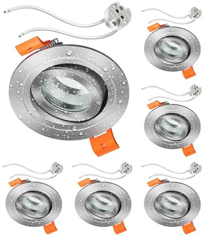 ledscom.de 6 Stück Bad-Deckeneinbaurahmen ERID, Feuchtraum, Badezimmer, IP44, rund, schwenkbar, aluminium matt, inkl. GU5.3 Fassung