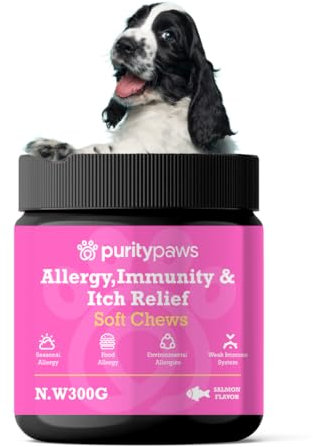 Purity Paws All Itch and Immunity Treats for Dogs with Salmon Oil, Omega 3 & Probiotics – Dog Itchy Skin Relief Chews, Anti Itch & Allergy Relief, Scratching & Seasonal Allergies (120 Count)