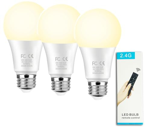 GRV Lampadina intelligente da 9 W A60 con telecomando 2,4 GHz,cambia colore lampadina led, dimmerabile 3000 K-6500 K,830 LM,base E27, Home Decor,1 telecomando e 3 lampadine