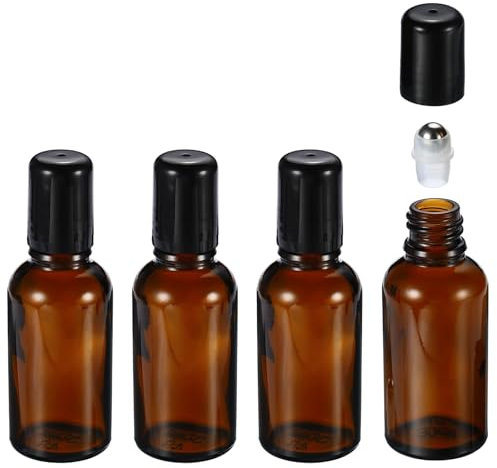 PSFXBM 4Pcs 30ml Glass Roller Bottles, Essential Oils Roller Bottle, Amber Roller Ball Black Caps Refillable Sample Containers, For Essential Oils Aromatherapy Lip Gloss Balms Cosmetics Perfumes