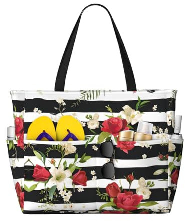 EdWal Sac fourre-tout à rayures noires et blanches avec imprimé de roses rouges pour femme Sac fourre-tout de voyage Sac à main Sac à bandoulière avec fermeture éclair pour bureau voyage, Noir ,