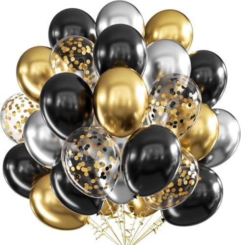 Luftballons Schwarz Gold,60pcs 12 Zoll Ballons GeburtstagGold Schwarz, Gold Konfetti Ballons Geburtstagsballon Set für Geburtstag Hochzeit Verlobung Neujahr Partydeko