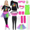 Mrsclaus 80er Jahre Outfit Damen, 90er Faschingkostüm Damen, Aerobic Outfit für Karneval Fastnacht Mottoparty, Tshirt Leggings, Grün Tank Top, Tüllrock Bauchtasche Beinlinge Netzhandschuhe 067L