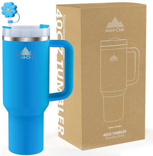 Mont-Clair 40oz Tumbler with Straw and Lid - Insulated Stainless Steel Travel Mug with Handle - Travel Mug - Hot & Cold Drinks - Cold or Hot for 10 Hours - Iced for 48 Hours - 1200ml - Blue