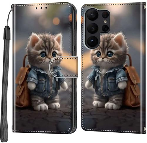 Handyhülle für Samsung Galaxy S23 Ultra Hülle, Magnetische Flip Stoßfeste Schutzhülle mit Standfunktion Kartenfächern Klapphülle Handytasche Katze
