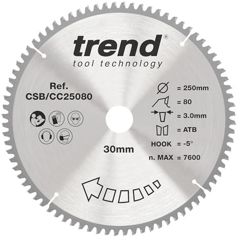 Trend Wood Mitre Saw Blade, 250mm Diameter, 30mm Bore, 80 Teeth, 3mm Kerf, -5° Hook, TCT, Extra-Fine Finish, CSB/CC25080