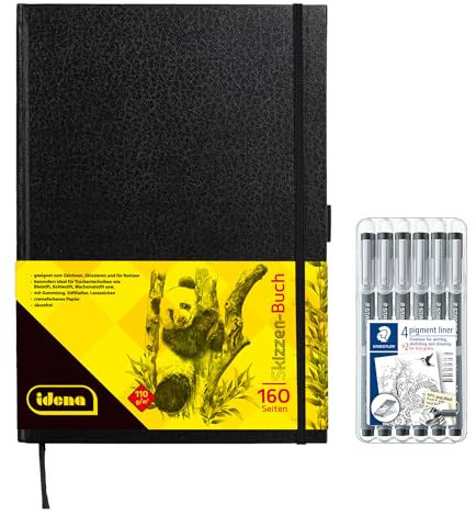 Idena 90345 - Skizzenbuch DIN A4 mit 160 Seiten, blanko, inkl. 6 STAEDTLER Fineliner pigment liner mit metallgefasster Spitze in 6 Linienbreiten