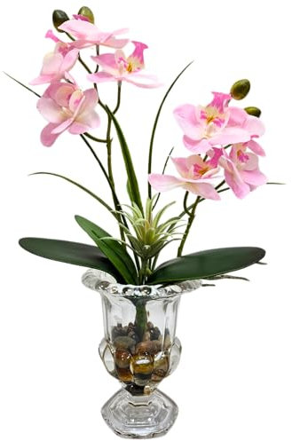 Svndlyn Artificial Pink Orchid Flowers in Glass Vase Phalaenopsis Flowers Potting and Fake Fleshiness Ornament for Home Bathroom Office Table Centerpiece Room Decorations
