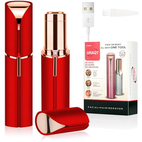 URAQT Facial Hair Remover for Women, Painless Face Hair Trimmer, Rechargeable Mini Epilator Lady Shaver Portable Electric Razor for Lips Face Body Peach Fuzz, Bright Red