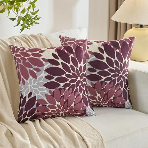 Kissenbezug 40x40 cm Leinen Rot und Grau Deko Outdoor Kissen Dahlie Blumen Kissenbezüge Kissenhülle Sofakissen Weich Zierkissen Kissen für Couch Sofa Wohnzimmer 2er Set