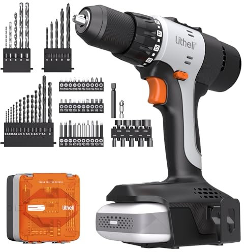 Litheli 20V Akku Bohrschrauber Set 64-teiliges Bohrer-Set mit 2X10000mAh Akku, 21+1 Akkubohrer 50Nm Drehmoment Max,2-Gang, LED-Licht für Reparatur & DIY