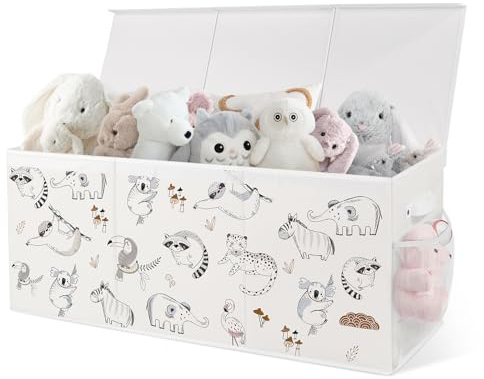omedecal Large Toy Box Storage, Collapsible Toy Basket with Lids and Mesh Pocket, Cute Kids Storage Boxes for Clothes Book, Toy Chest for Bedroom Nursery, 95.5 x 32 x 40cm(Animals A)