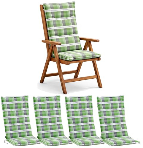 BURI 4X Auflagen Set Hochlehner für Gartenstühle 120x48x6cm Sesselauflagen Polster UV Lichtecht - Gartenstuhlauflagen Karo Muster Stuhlkissen mit Dicker Schaumstoff Füllung (Grün/Grau)