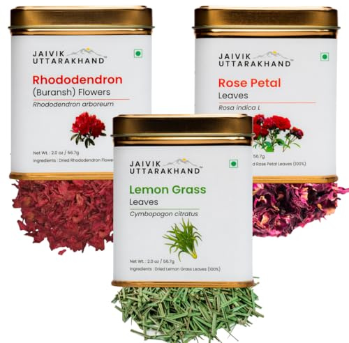 Jaivik Uttarakhand - Herbal Tea Gift Pack (3 Count, 56.7g, Lemongrass, Rose Petals, Rhododendron (Buransh) Tin Can)