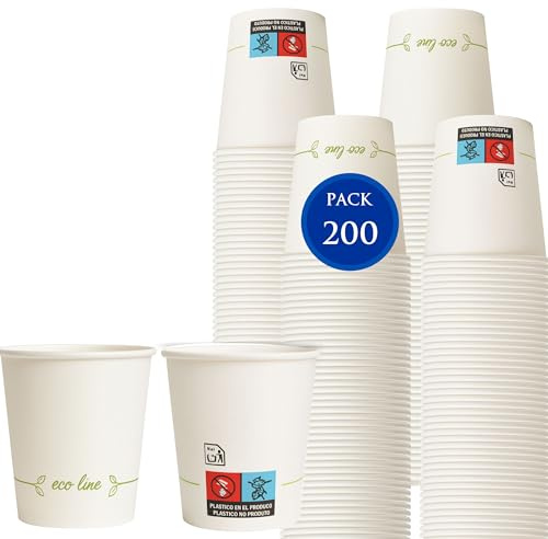 200 Vasos café desechables, 7oz / 200 ml - Vasos de cartón reciclables para café caliente – Resistentes y aptos para bebidas calientes o frías – Uso profesional y take away (Blanco, 200 unidades)