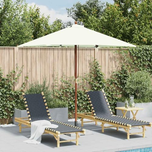Sombrilla con barra de madera, 150 x 200 cm, blanco arena, protección UV, sistema de tracción, para jardín y terraza, piscina, mástil de 38 mm
