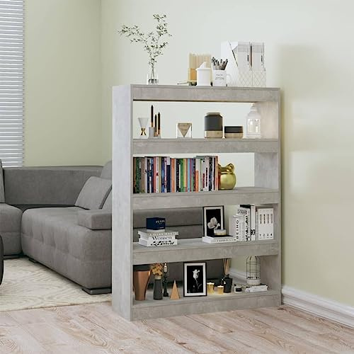 mtlskopl Betongrau Bücherregal 100x30x135 cm Großes Standregal in Beton-Optik, schmales Raumteiler Shelf mit 5 Ablagen, Robustes Holzwerkstoff für Living Room Corridor Bedroom